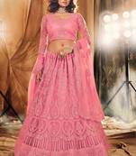 Pink Embroidered & Stone Work Net Semi Stitched Lehenga Set