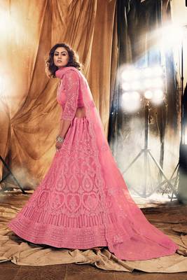 Pink Embroidered & Stone Work Net Semi Stitched Lehenga Set 3
