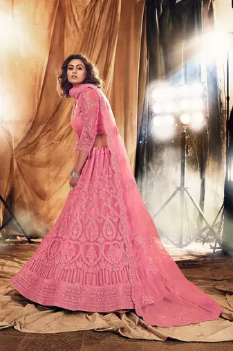 Pink Embroidered & Stone Work Net Semi Stitched Lehenga Set