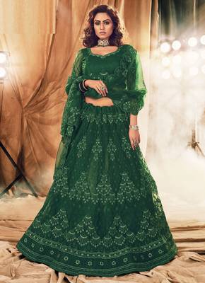 Green Embroidered & Stone Work Net Semi Stitched Lehenga Set 1