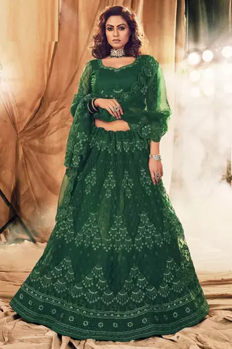 Green Embroidered & Stone Work Net Semi Stitched Lehenga Set