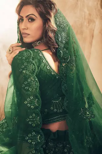 Green Embroidered & Stone Work Net Semi Stitched Lehenga Set