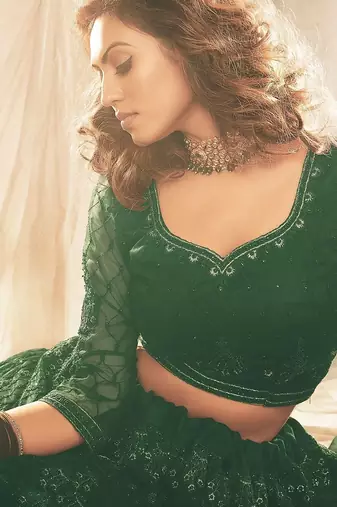 Green Embroidered & Stone Work Net Semi Stitched Lehenga Set