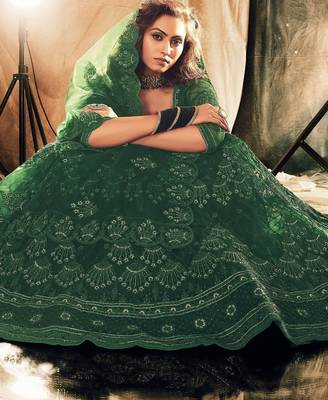 Green Embroidered & Stone Work Net Semi Stitched Lehenga Set 4