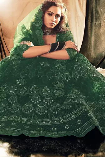 Green Embroidered & Stone Work Net Semi Stitched Lehenga Set