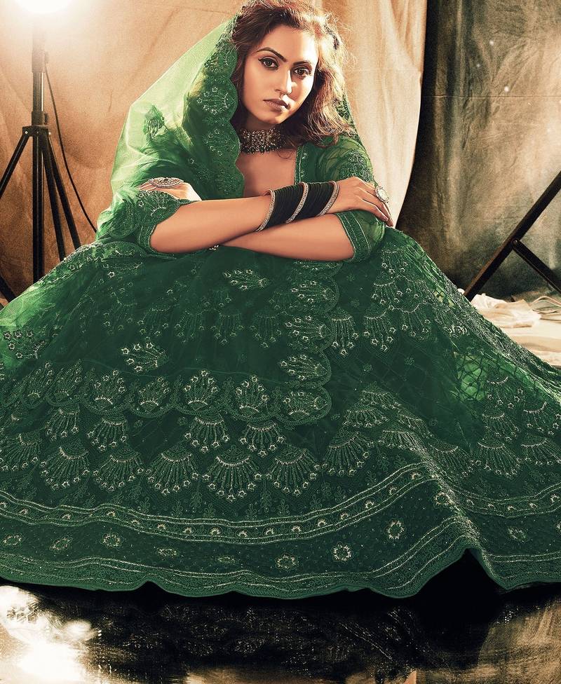 Green Embroidered & Stone Work Net Semi Stitched Lehenga Set