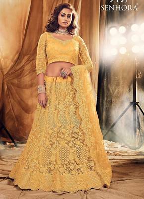 Occur Yellow Embroidered & Stone Work Net Semi Stitched Lehenga Set 2