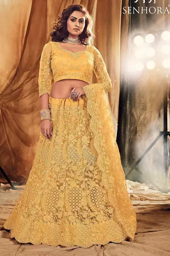 Occur Yellow Embroidered & Stone Work Net Semi Stitched Lehenga Set
