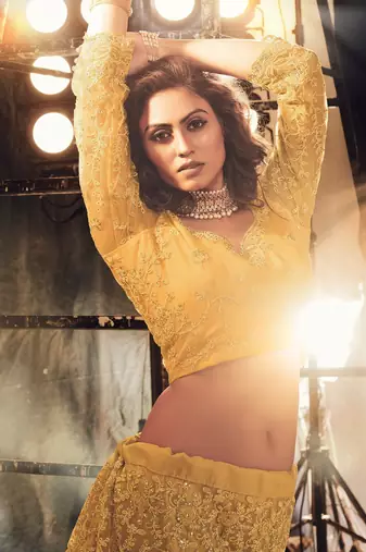 Occur Yellow Embroidered & Stone Work Net Semi Stitched Lehenga Set