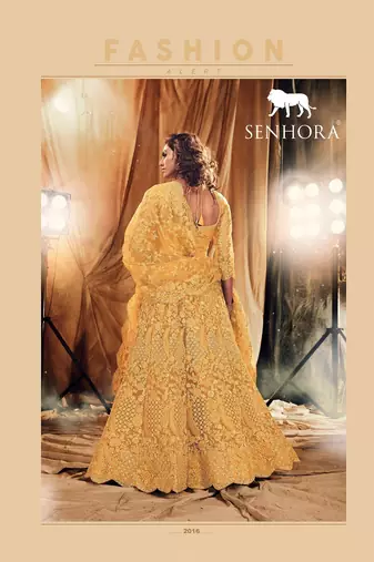 Occur Yellow Embroidered & Stone Work Net Semi Stitched Lehenga Set