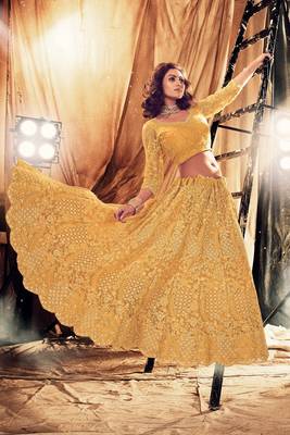 Occur Yellow Embroidered & Stone Work Net Semi Stitched Lehenga Set 1
