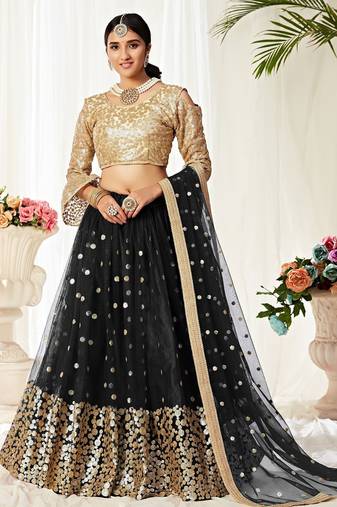 Black Embroidery & Sequins Work Net Semi Stitched Lehenga Set