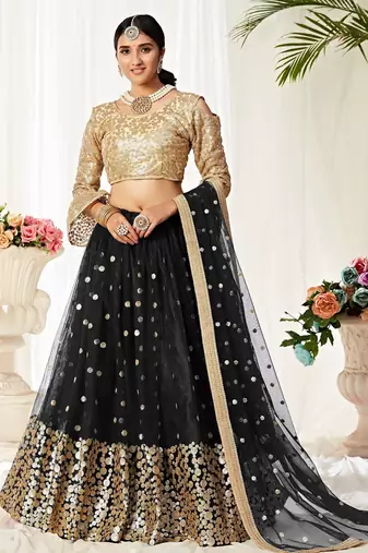 Black Embroidery & Sequins Work Net Semi Stitched Lehenga Set