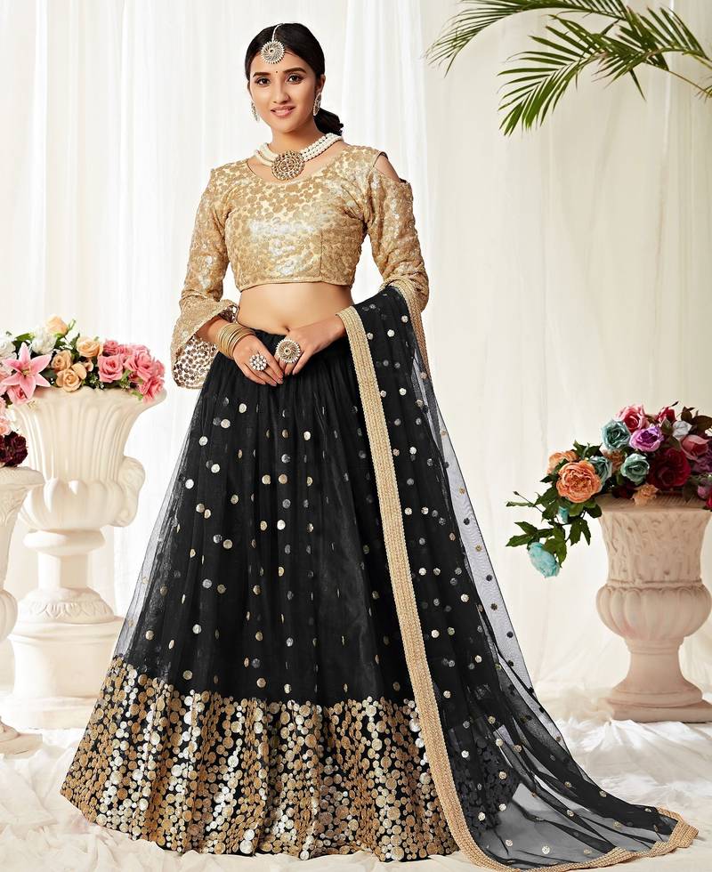 Black Embroidery & Sequins Work Net Semi Stitched Lehenga Set