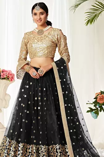 Black Embroidery & Sequins Work Net Semi Stitched Lehenga Set