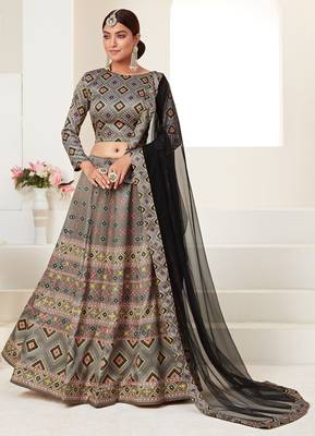 Grey Print Silk Blend Semi Stitched Lehenga Set 1