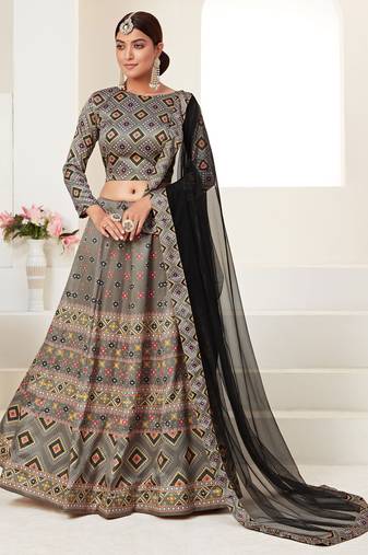 Grey Print Silk Blend Semi Stitched Lehenga Set