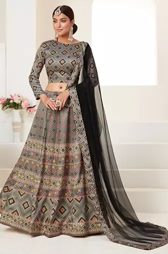 Grey Print Silk Blend Semi Stitched Lehenga Set