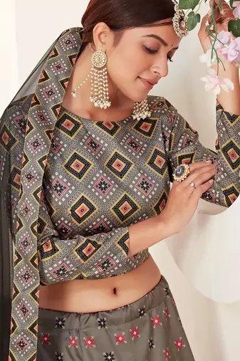 Grey Print Silk Blend Semi Stitched Lehenga Set