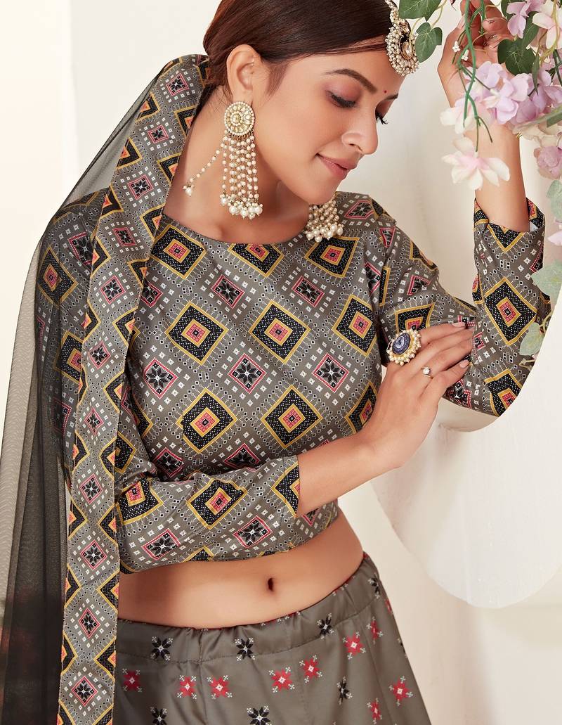 Grey Print Silk Blend Semi Stitched Lehenga Set
