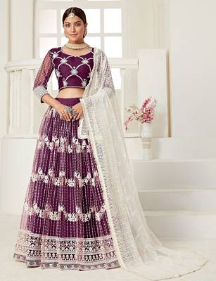 Wine Embroidered & Sequins Net Semi Stitched Lehenga Set 1