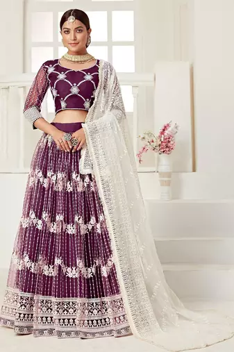 Wine Embroidered & Sequins Net Semi Stitched Lehenga Set