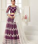 Wine Embroidered & Sequins Net Semi Stitched Lehenga Set