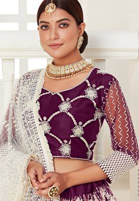 Wine Embroidered & Sequins Net Semi Stitched Lehenga Set 2