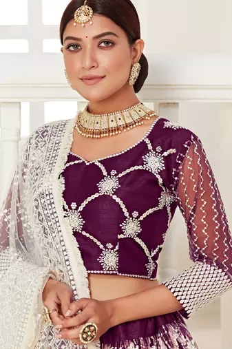 Wine Embroidered & Sequins Net Semi Stitched Lehenga Set