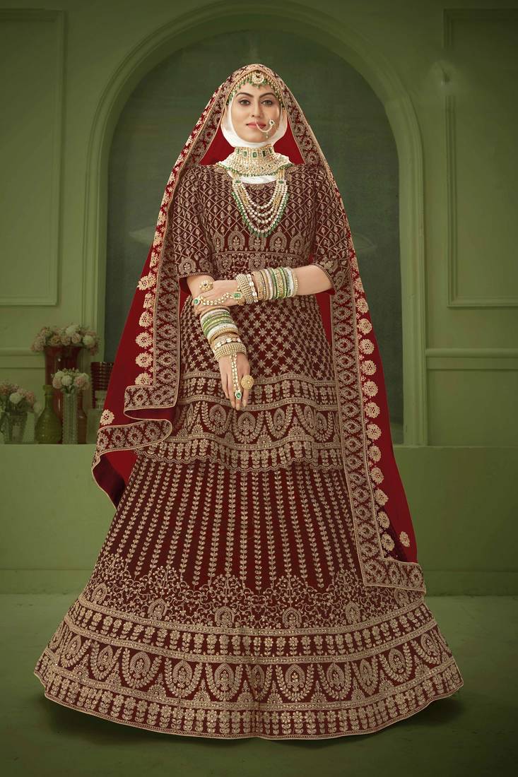 Maroon Embroidered & Stone Sequins Velvet Semi Stitched Lehenga Set