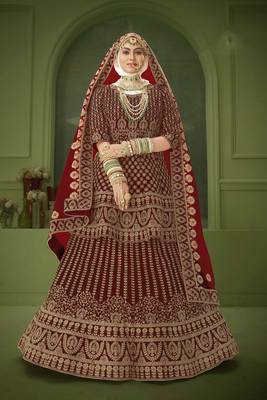 Maroon Embroidered & Stone Sequins Velvet Semi Stitched Lehenga Set 1