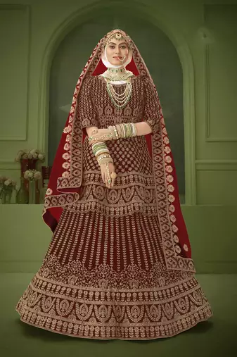 Maroon Embroidered & Stone Sequins Velvet Semi Stitched Lehenga Set