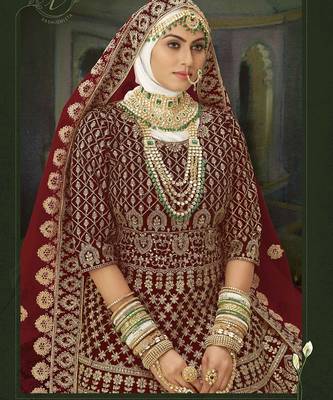 Maroon Embroidered & Stone Sequins Velvet Semi Stitched Lehenga Set 2