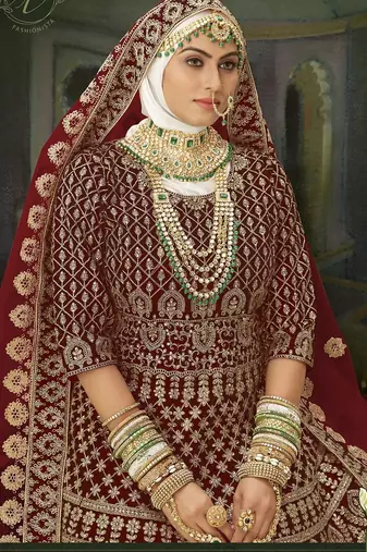 Maroon Embroidered & Stone Sequins Velvet Semi Stitched Lehenga Set