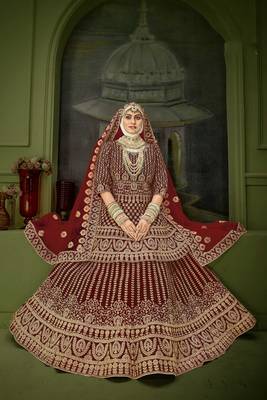 Maroon Embroidered & Stone Sequins Velvet Semi Stitched Lehenga Set 3
