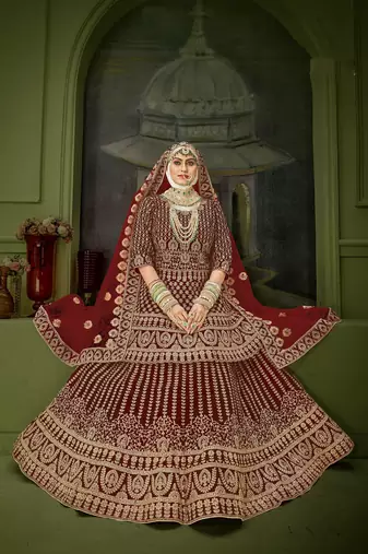Maroon Embroidered & Stone Sequins Velvet Semi Stitched Lehenga Set
