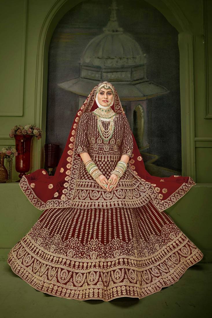 Maroon Embroidered & Stone Sequins Velvet Semi Stitched Lehenga Set