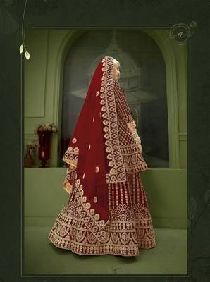 Maroon Embroidered & Stone Sequins Velvet Semi Stitched Lehenga Set 4