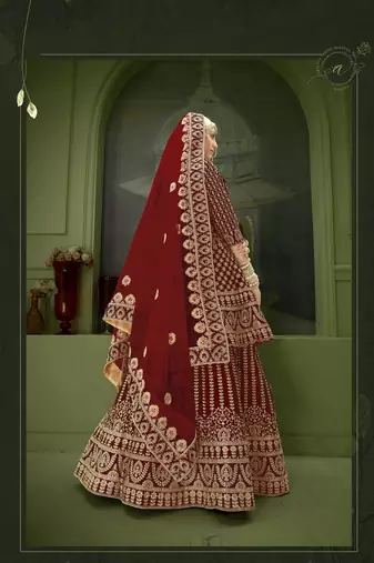 Maroon Embroidered & Stone Sequins Velvet Semi Stitched Lehenga Set
