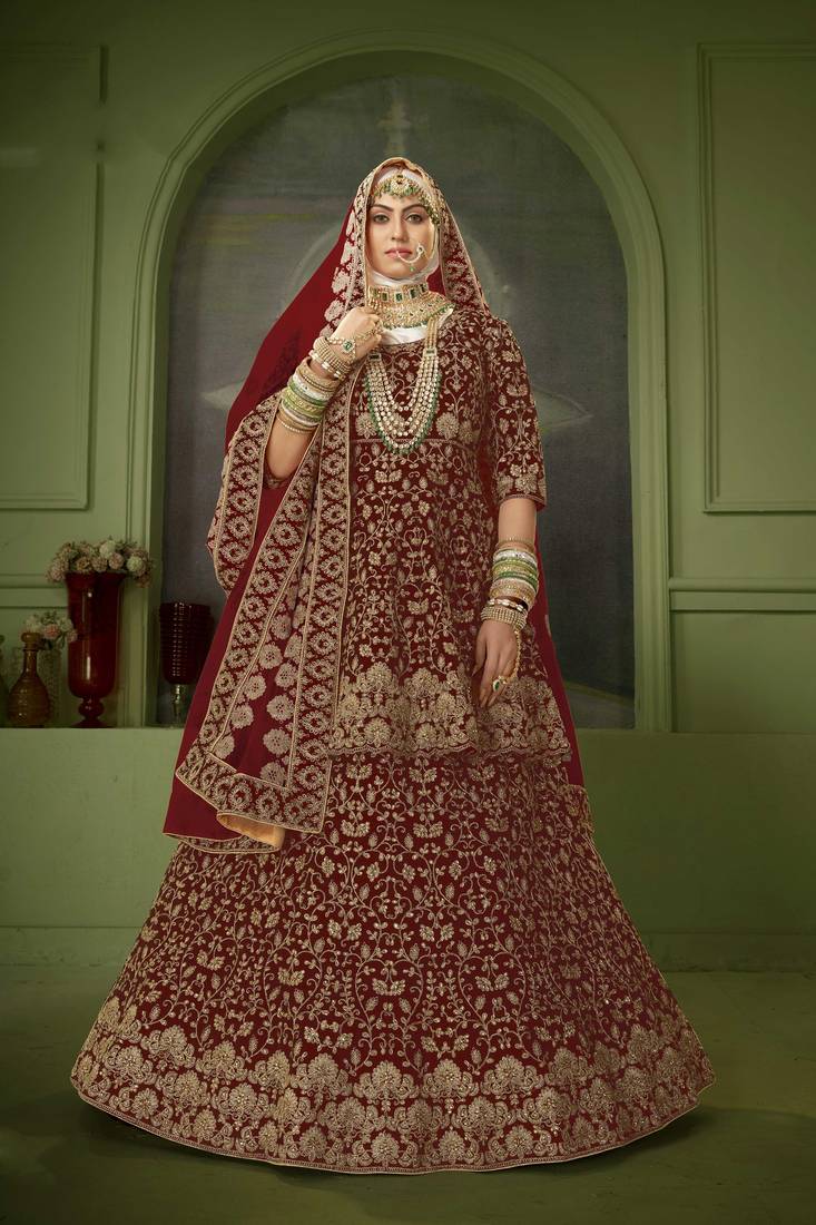Maroon Embroidered & Stone Sequins Velvet Semi Stitched Lehenga Set