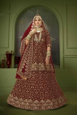 Maroon Embroidered & Stone Sequins Velvet Semi Stitched Lehenga Set 1