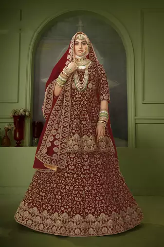 Maroon Embroidered & Stone Sequins Velvet Semi Stitched Lehenga Set