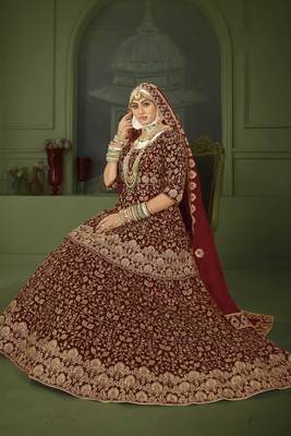 Maroon Embroidered & Stone Sequins Velvet Semi Stitched Lehenga Set 4