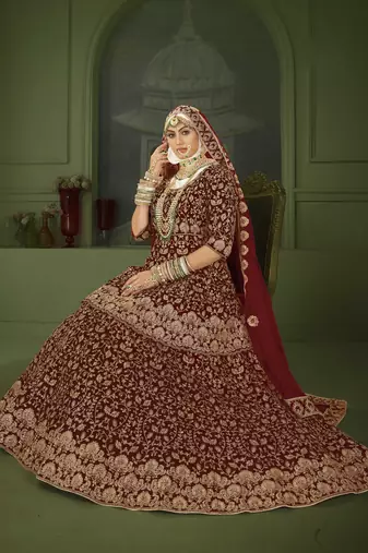 Maroon Embroidered & Stone Sequins Velvet Semi Stitched Lehenga Set