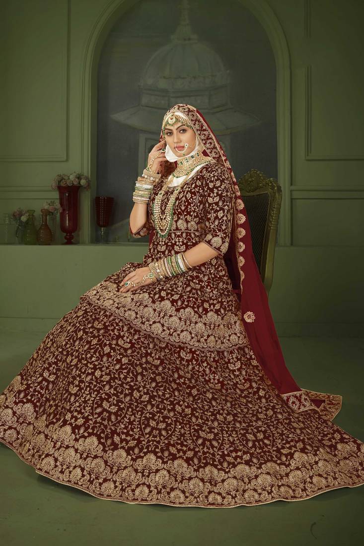 Maroon Embroidered & Stone Sequins Velvet Semi Stitched Lehenga Set