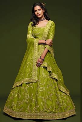 Olive Green Thread Embroidered & Sequins Silk Blend Semi Stitched Lehenga Set 1