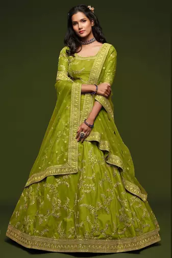 Olive Green Thread Embroidered & Sequins Silk Blend Semi Stitched Lehenga Set