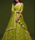 Olive Green Thread Embroidered & Sequins Silk Blend Semi Stitched Lehenga Set