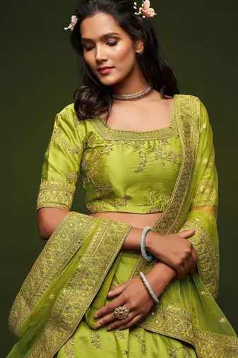 Olive Green Thread Embroidered & Sequins Silk Blend Semi Stitched Lehenga Set