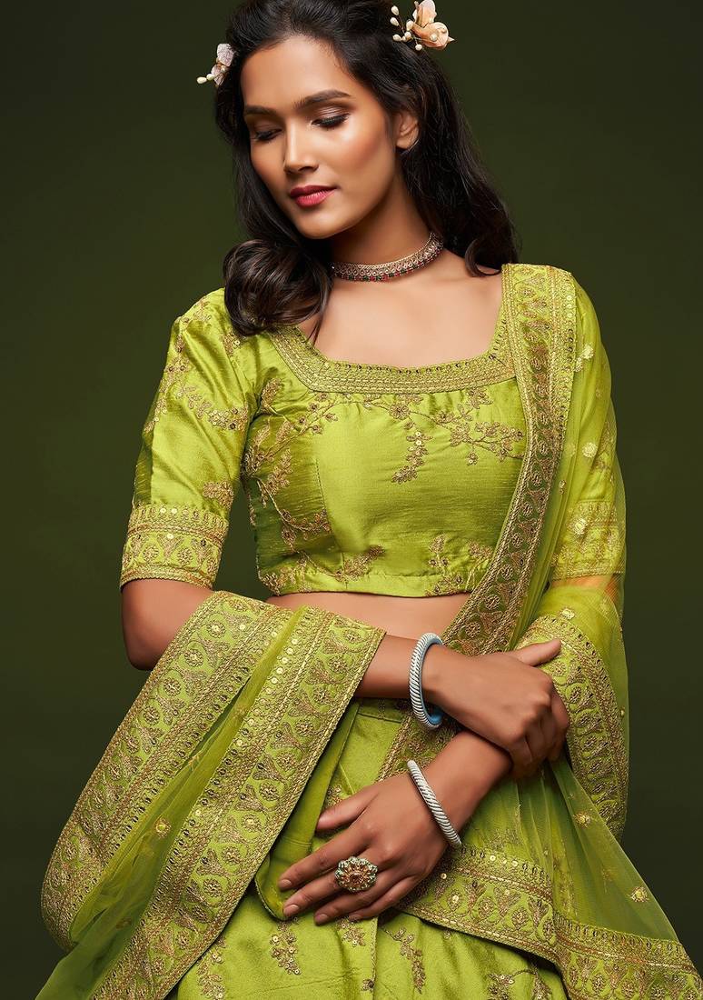 Olive Green Thread Embroidered & Sequins Silk Blend Semi Stitched Lehenga Set